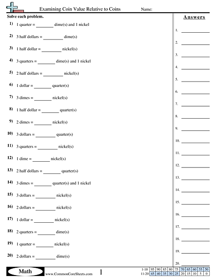 Money Worksheets - Examining Coin Value Relative to Coins worksheet